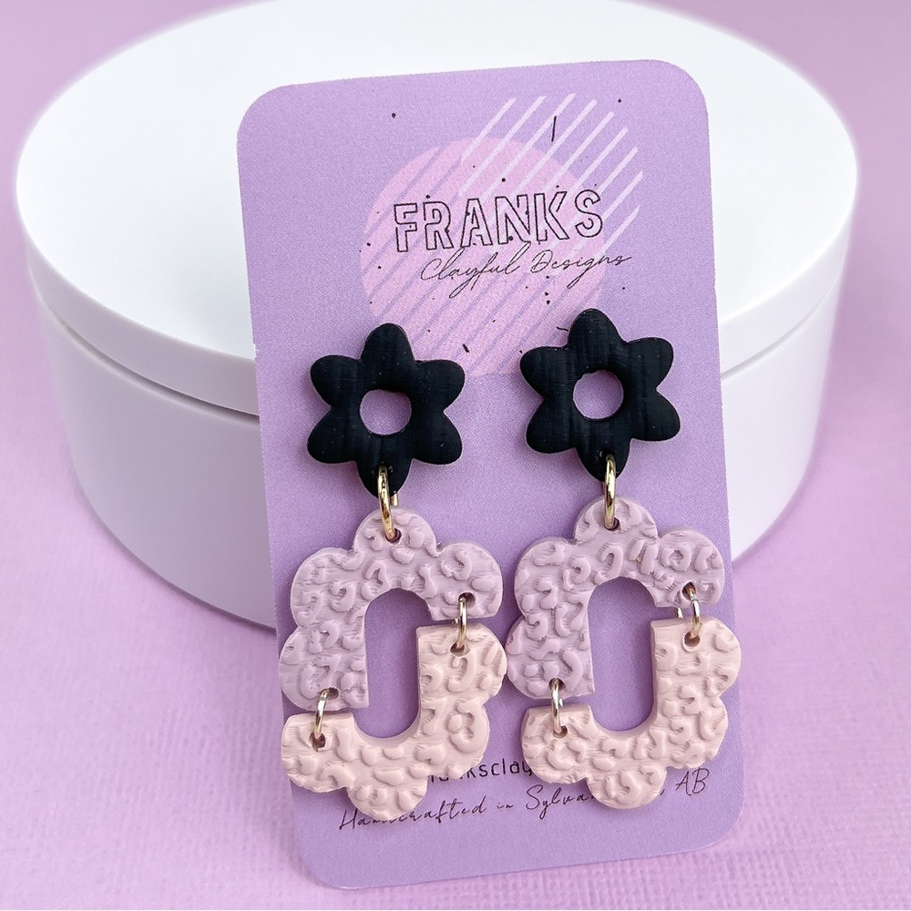 Black Flower Purple Leopard Texture Handmade Polymer Clay Dangle Earrings
